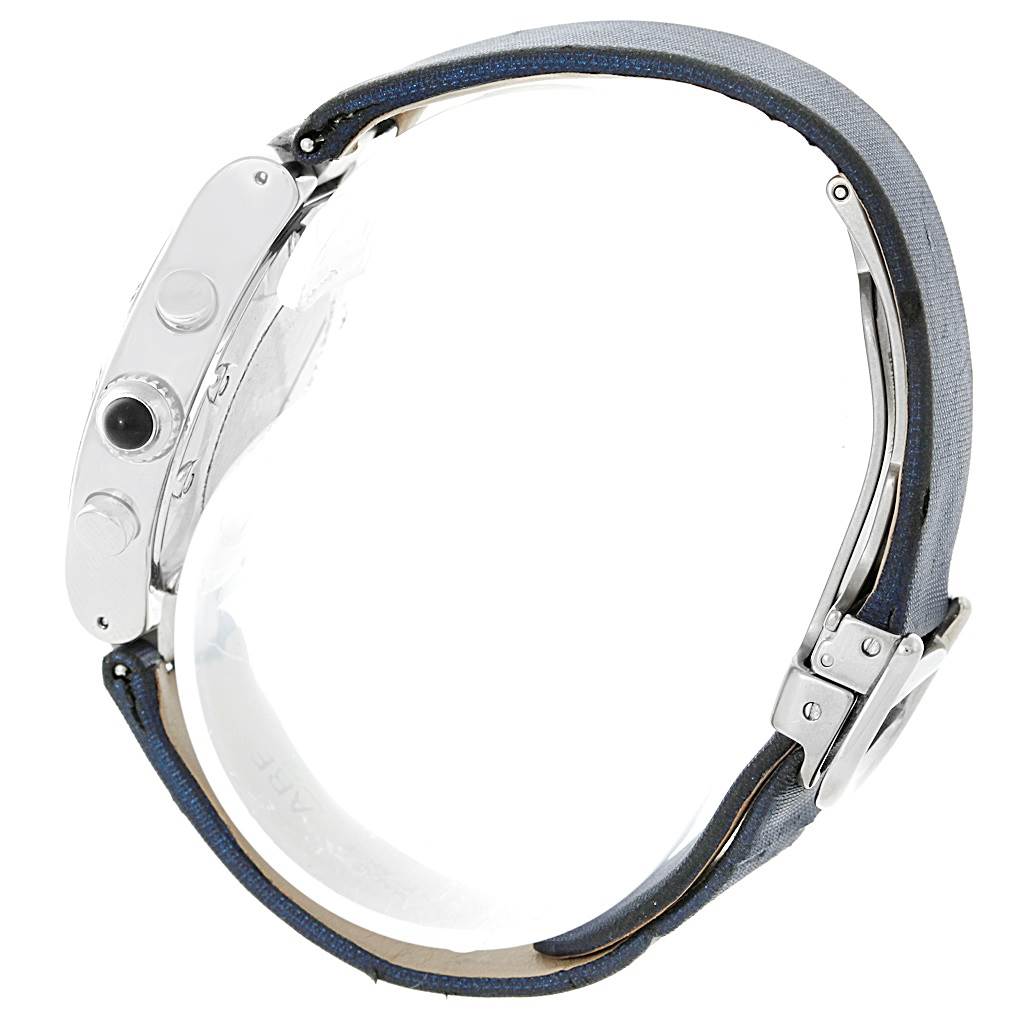 The image shows a side view of the Cartier Must 21 W1020013 Women's Stainless Steel Silver Dial W1020013 Women's Stainless Steel Silver Dial watch, focusing on the case, buttons, and partially visible blue leather strap.