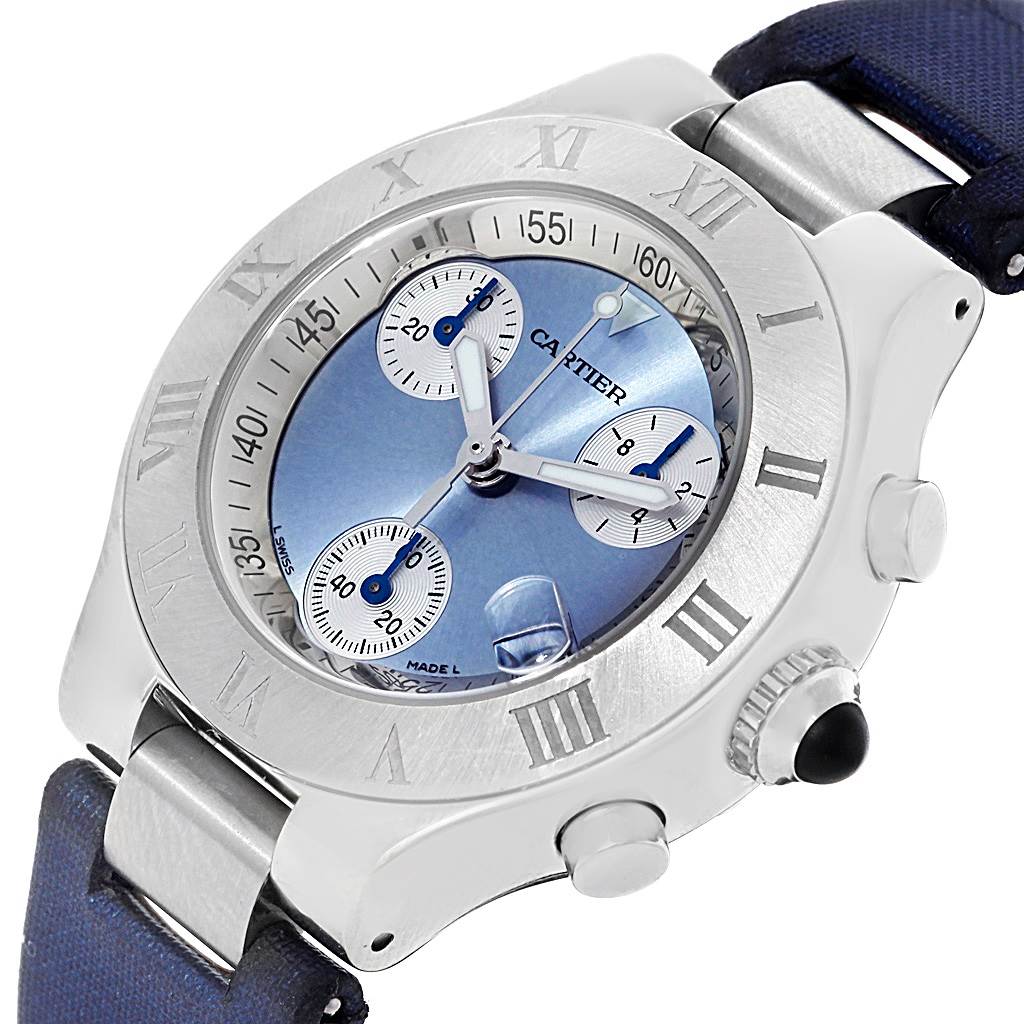 The Cartier Must 21 W1020013 Women's Stainless Steel Silver Dial W1020013 Women's Stainless Steel Silver Dial watch is shown from an angled close-up, highlighting its dial, bezel, and strap connection.