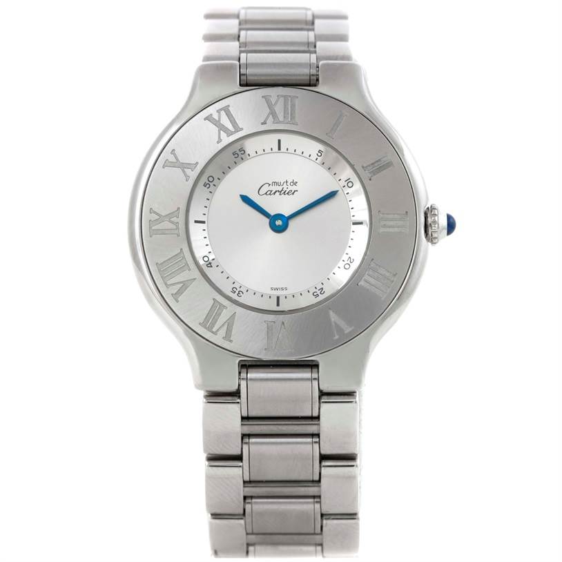 The image shows a frontal view of the Cartier Must 21 W10109T2 Women's Stainless Steel Silver Dial W10109T2 Women's Stainless Steel Silver Dial model watch, displaying the face, dial, and stainless steel bracelet.
