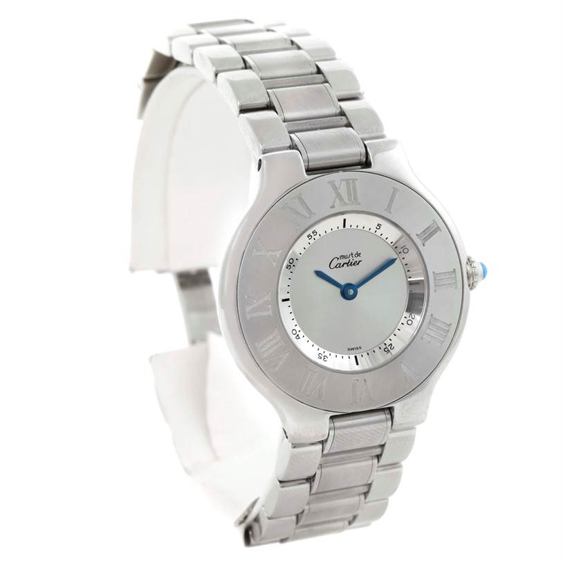 The Cartier Must 21 W10109T2 Women's Stainless Steel Silver Dial W10109T2 Women's Stainless Steel Silver Dial watch is shown from a top-front angle, highlighting its face, bezel, and bracelet.