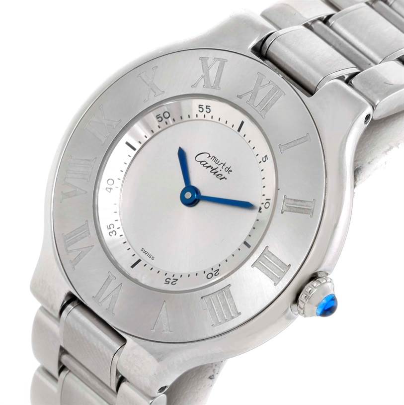 The image shows a close-up, slightly angled view of the face and bracelet of a Cartier Must 21 W10109T2 Women's Stainless Steel Silver Dial W10109T2 Women's Stainless Steel Silver Dial watch.
