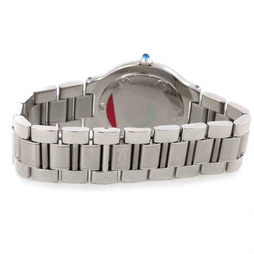 The image shows the back and band of a Cartier Must 21 W10109T2 Women's Stainless Steel Silver Dial W10109T2 Women's Stainless Steel Silver Dial watch, highlighting the clasp and bracelet links.