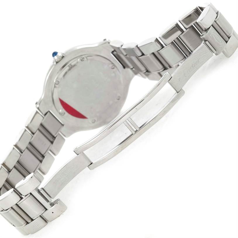 The image shows the back side and band clasp of a Cartier Must 21 W10109T2 Women's Stainless Steel Silver Dial W10109T2 Women's Stainless Steel Silver Dial model watch.