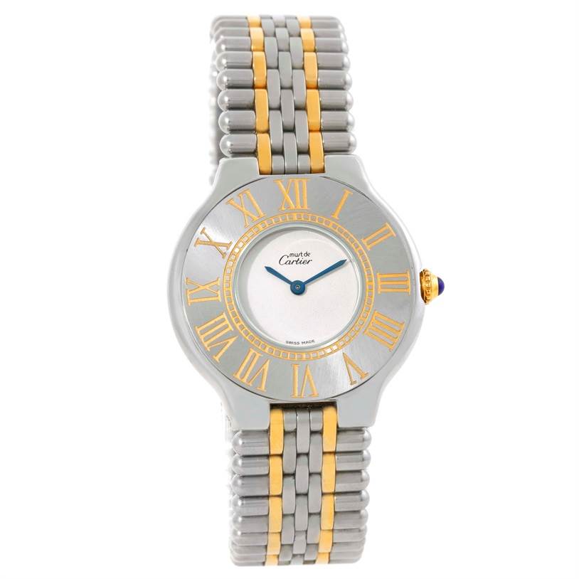 This image shows a frontal view of the Cartier Must 21 W10073R6 Women's Stainless Steel Silver Dial W10073R6 Women's Stainless Steel Silver Dial watch, displaying its face and metal band.