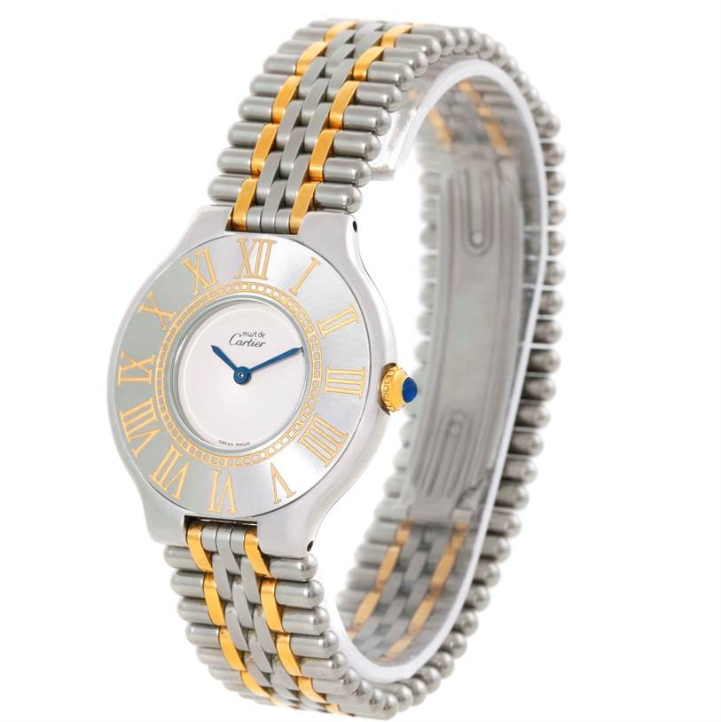 The Cartier Must 21 W10073R6 Women's Stainless Steel Silver Dial W10073R6 Women's Stainless Steel Silver Dial watch is shown from an angled view displaying the watch face and dual-tone metal band.