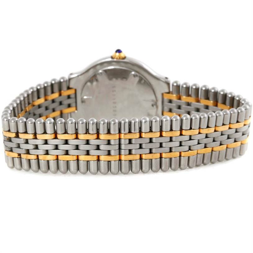 This image shows the back view of the Cartier Must 21 W10073R6 Women's Stainless Steel Silver Dial W10073R6 Women's Stainless Steel Silver Dial watch, highlighting its two-tone metal bracelet and clasp.