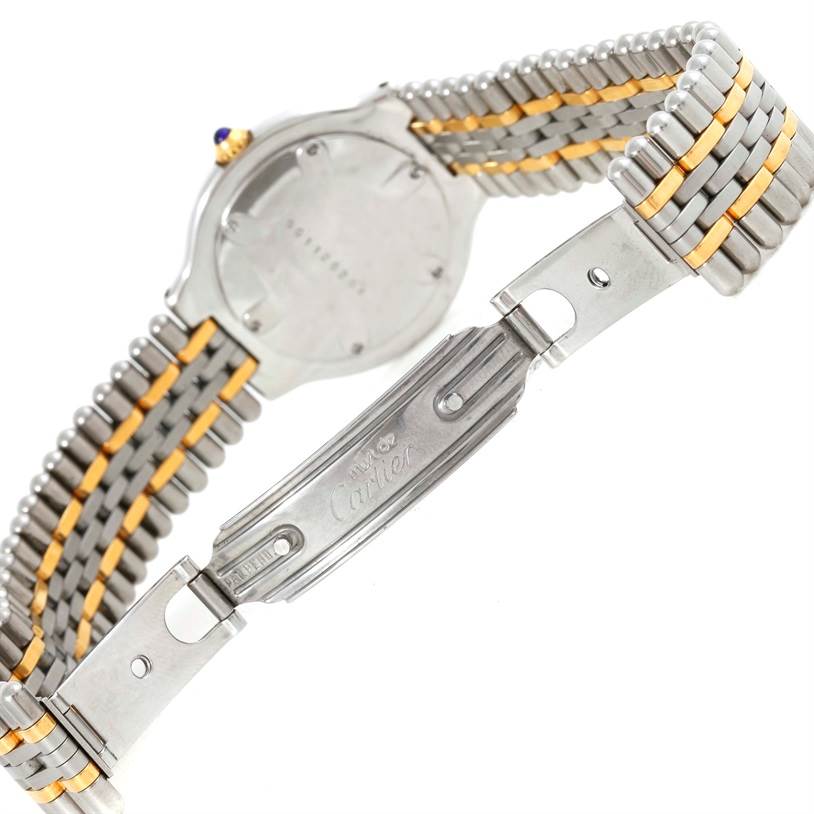 This image shows the back case and clasp of a Cartier Must 21 W10073R6 Women's Stainless Steel Silver Dial W10073R6 Women's Stainless Steel Silver Dial watch, highlighting the metal bracelet.