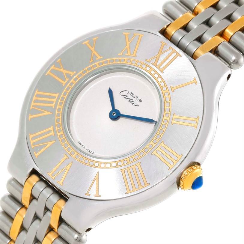 The image shows a front angle of the Cartier Must 21 W10073R6 Women's Stainless Steel Silver Dial W10073R6 Women's Stainless Steel Silver Dial watch, highlighting the face, bezel, and part of the bracelet.