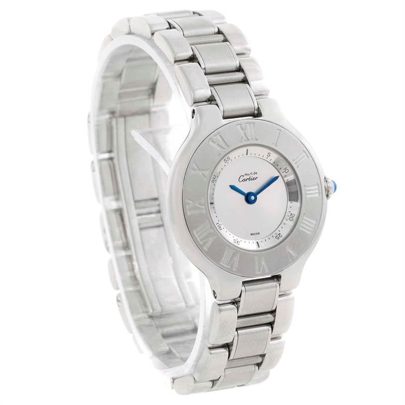 This image shows a Cartier Must 21 W10109T2 Men
s Stainless Steel Silver Dial W10109T2 Men
s Stainless Steel Silver Dial watch from a three-quarter angle, highlighting the dial, bezel, and bracelet.