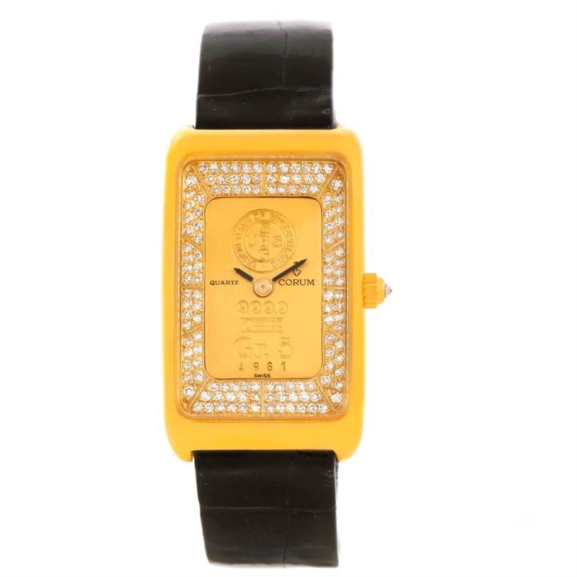 This is a front view of the Corum Women's Yellow Gold Champagne Dial Women's Yellow Gold Champagne Dial 18K Yellow Gold Diamond 5 Gram Ingot 999.9 Watch, showing the face, bezel, and strap.