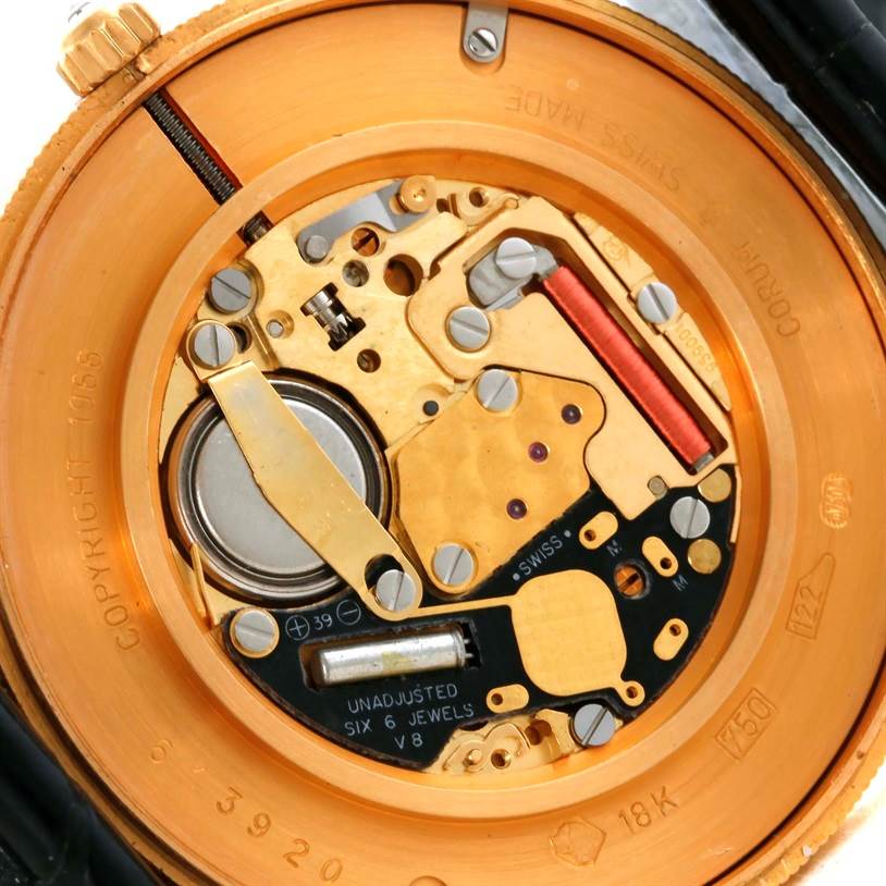 This image shows the internal mechanism of a Corum Coin Watch 4414556 Men
s Yellow Gold Black Dial 4414556 Men
s Yellow Gold Black Dial model from a close-up angle.