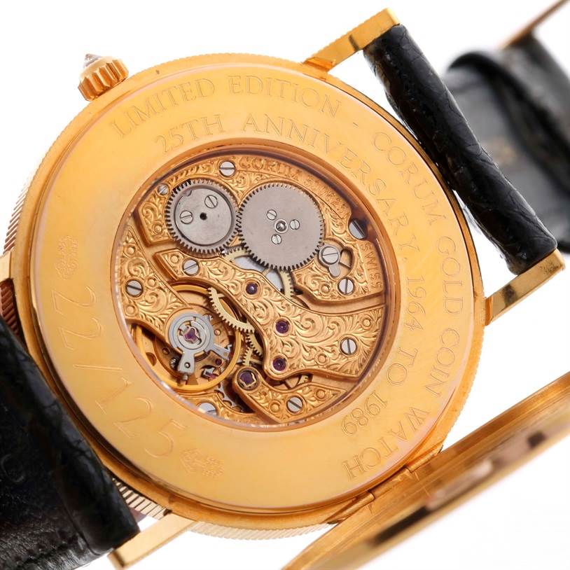 The image shows the back of the Corum Coin Watch Men's Yellow Gold Black Dial Men's Yellow Gold Black Dial model, displaying its intricate inner mechanics and "Limited Edition" engraving.