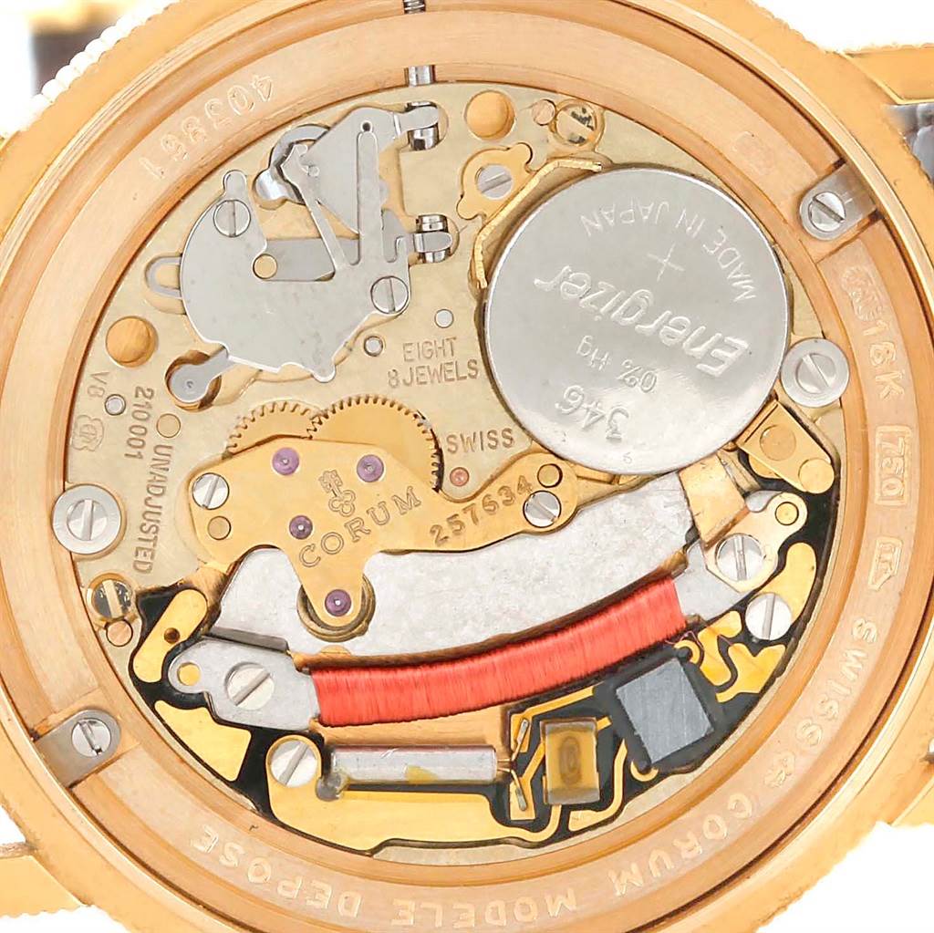 This image shows the intricate back view of the Corum Women's Yellow Gold Black Dial Women's Yellow Gold Black Dial 18K Yellow Gold 10 Dollars Coin Diamond Ladies Watch, highlighting its internal mechanisms.