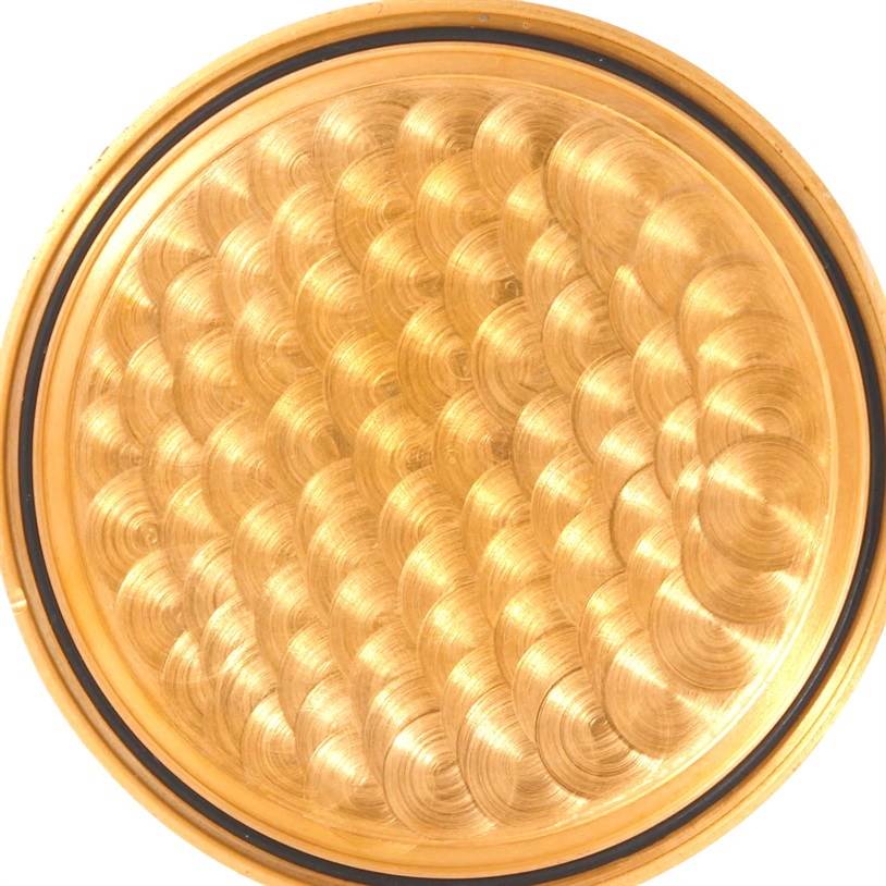 The image shows a close-up of the textured back cover of the Corum Coin Watch Men's Yellow Gold Black Dial Men's Yellow Gold Black Dial model.