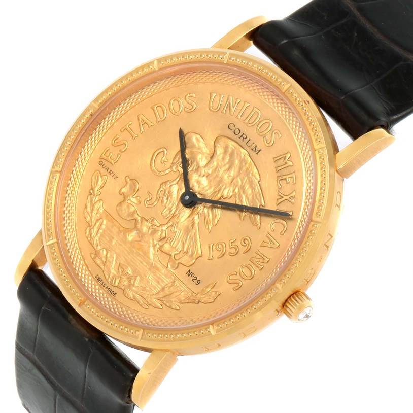 The image shows the front view of a Corum Coin Watch Men's Yellow Gold Champagne Dial Men's Yellow Gold Champagne Dial model, highlighting its gold coin face and black leather strap.