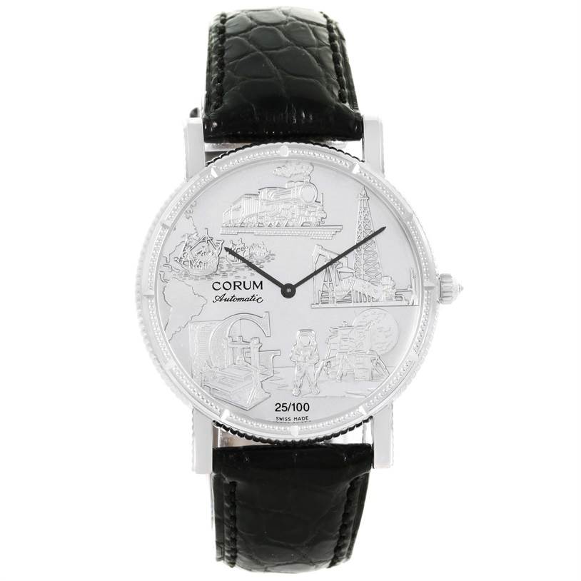 The Corum Men's White Gold White Dial Men's White Gold White Dial Celebrates Second Millennium 18K White Gold Automatic LTD Watch is shown from the front, displaying the face and black leather strap.
