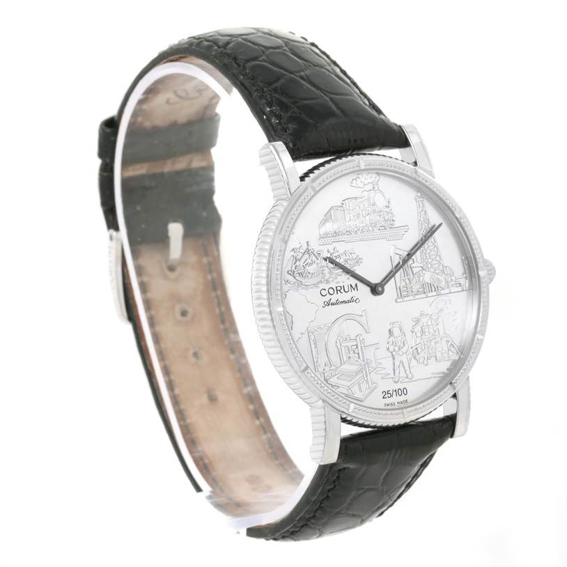 The Corum Men's White Gold White Dial Men's White Gold White Dial Celebrates Second Millennium 18K White Gold Automatic LTD Watch is shown at a front angle, highlighting the face and strap.