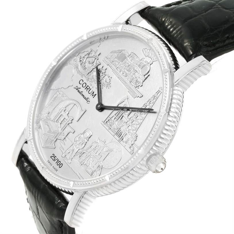The Corum Men's White Gold White Dial Men's White Gold White Dial Celebrates Second Millennium 18K White Gold Automatic LTD Watch is shown from a slight angle, highlighting the watch face and black leather strap.