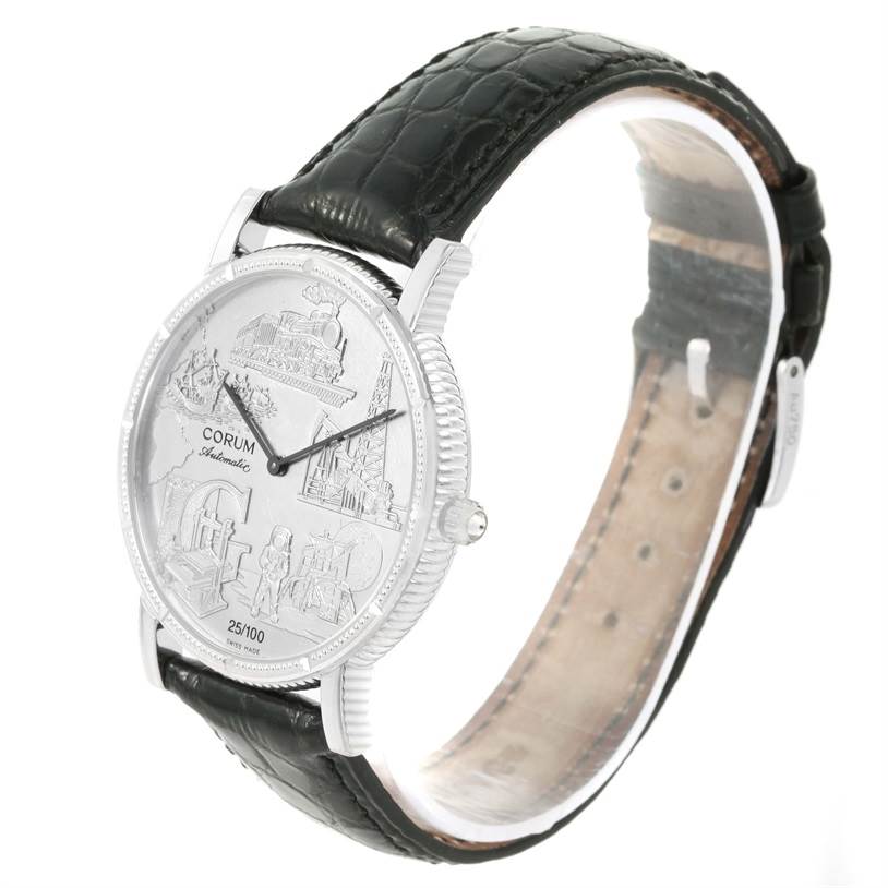 This image shows a side and slightly top view of the Corum Men's White Gold White Dial Men's White Gold White Dial Celebrates Second Millennium 18K White Gold Automatic LTD Watch, focusing on its face, bezel, and leather strap.