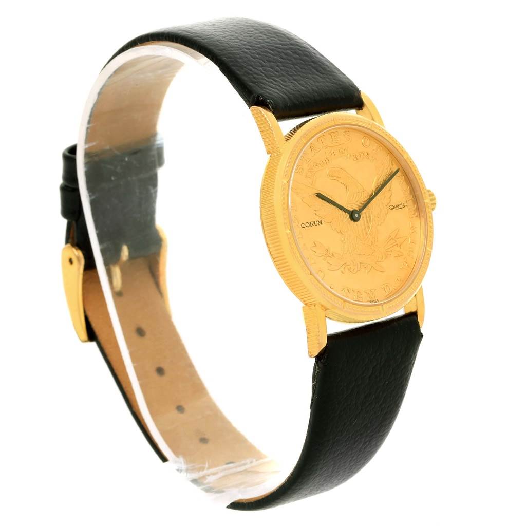 The Corum Women's Yellow Gold Black Dial Women's Yellow Gold Black Dial 18K Yellow Gold 10 Dollars Coin Ladies Watch is shown from a three-quarter angle, highlighting the watch face and black leather strap.