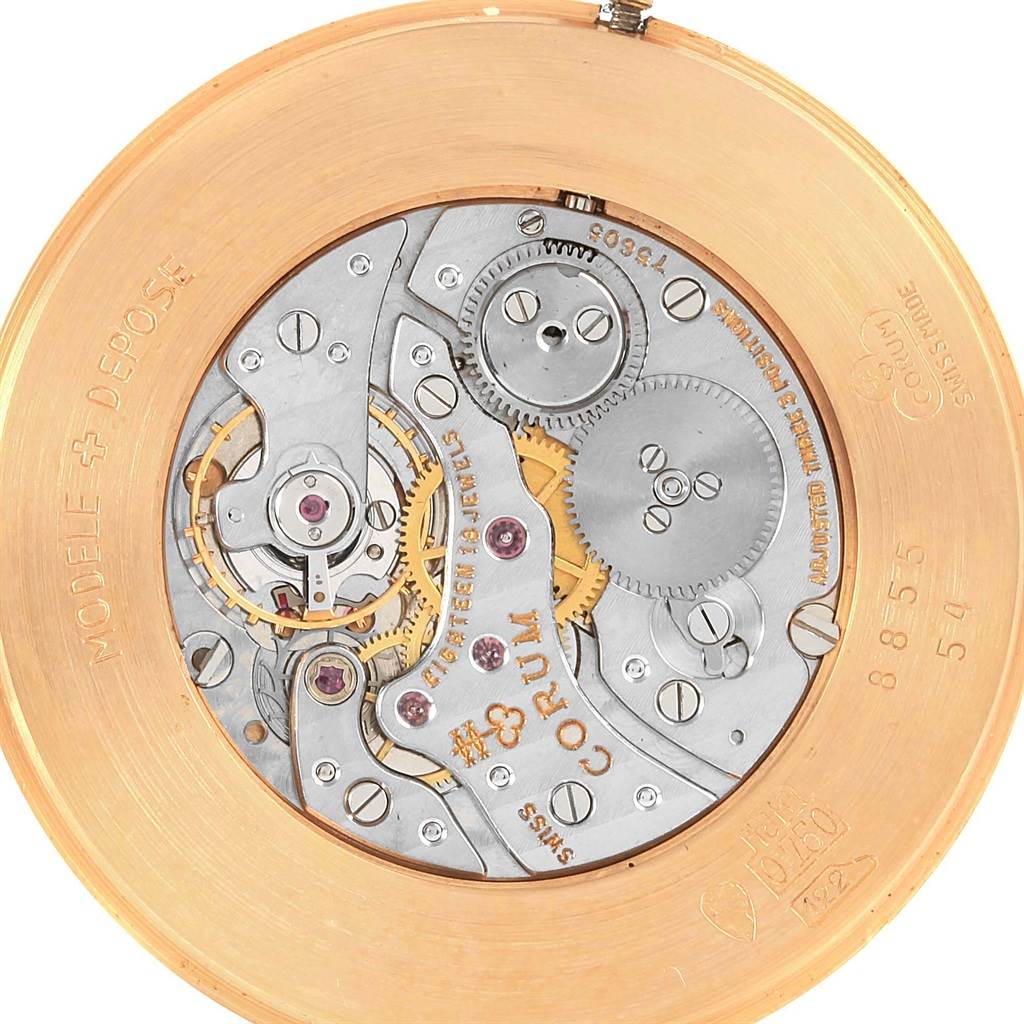 This image shows the back view of the Corum Coin Watch Men's Yellow Gold Black Dial Men's Yellow Gold Black Dial model, highlighting the inner mechanical components.