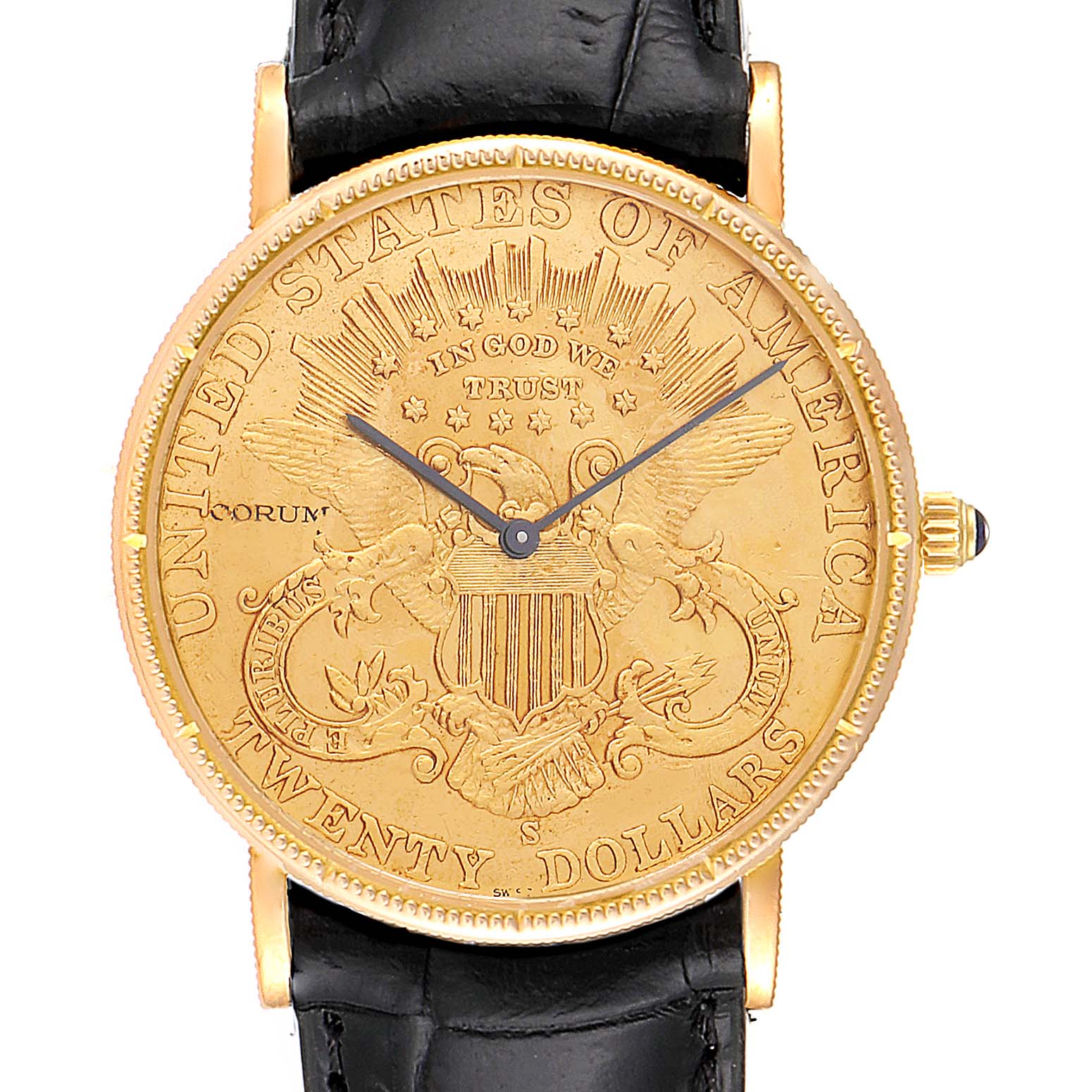 The Corum Coin Watch  Men's Yellow Gold Black Dial  Men's Yellow Gold Black Dial model is shown from a front angle, highlighting its detailed face design and black leather strap.