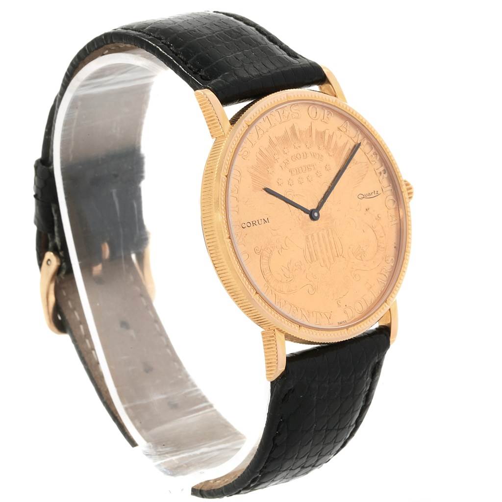 The image shows a side angle of the Corum Yellow Gold Black Dial Yellow Gold Black Dial 20 Dollars Double Eagle Yellow Gold Coin Year 1880 Watch, displaying its dial and black leather strap.