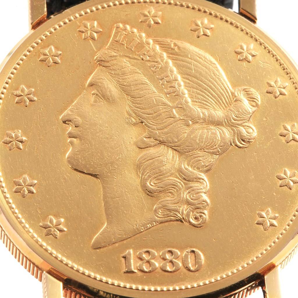 The image shows a close-up of the face of the Corum Yellow Gold Black Dial Yellow Gold Black Dial 20 Dollars Double Eagle Yellow Gold Coin Year 1880 Watch.