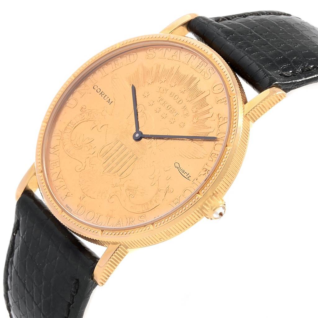The image shows a side angle of the Corum Yellow Gold Black Dial Yellow Gold Black Dial 20 Dollars Double Eagle Yellow Gold Coin Year 1880 Watch, highlighting its face, bezel, and strap.