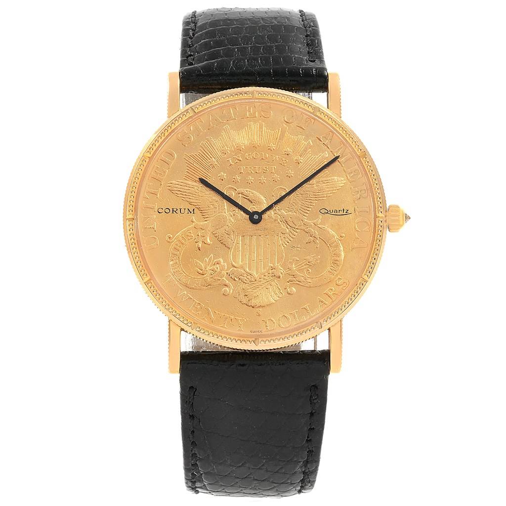 The image shows a front view of a Corum Yellow Gold Black Dial Yellow Gold Black Dial 20 Dollars Double Eagle Yellow Gold Coin Year 1880 Watch with black leather straps.