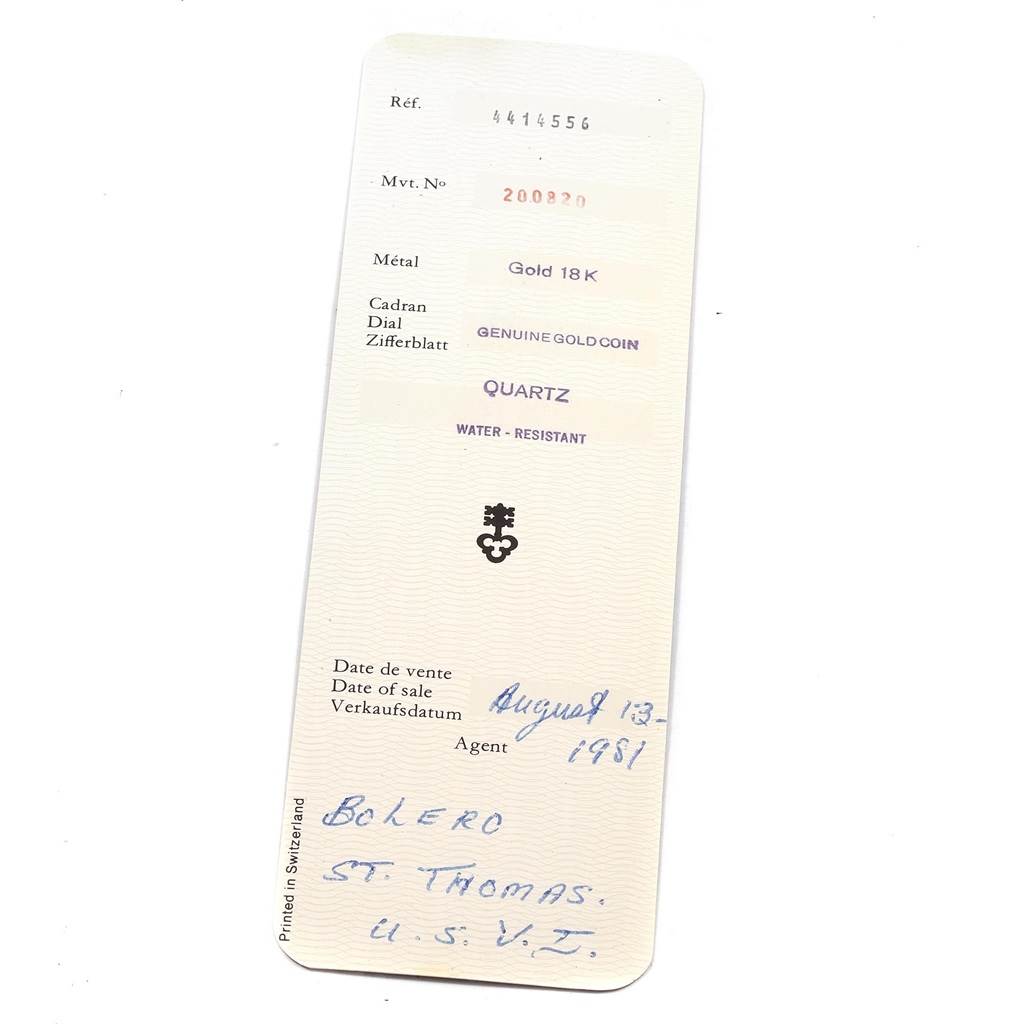 The image shows a warranty card for the Corum Coin Watch Men's Yellow Gold Black Dial Men's Yellow Gold Black Dial model, detailing specifications and sale date.