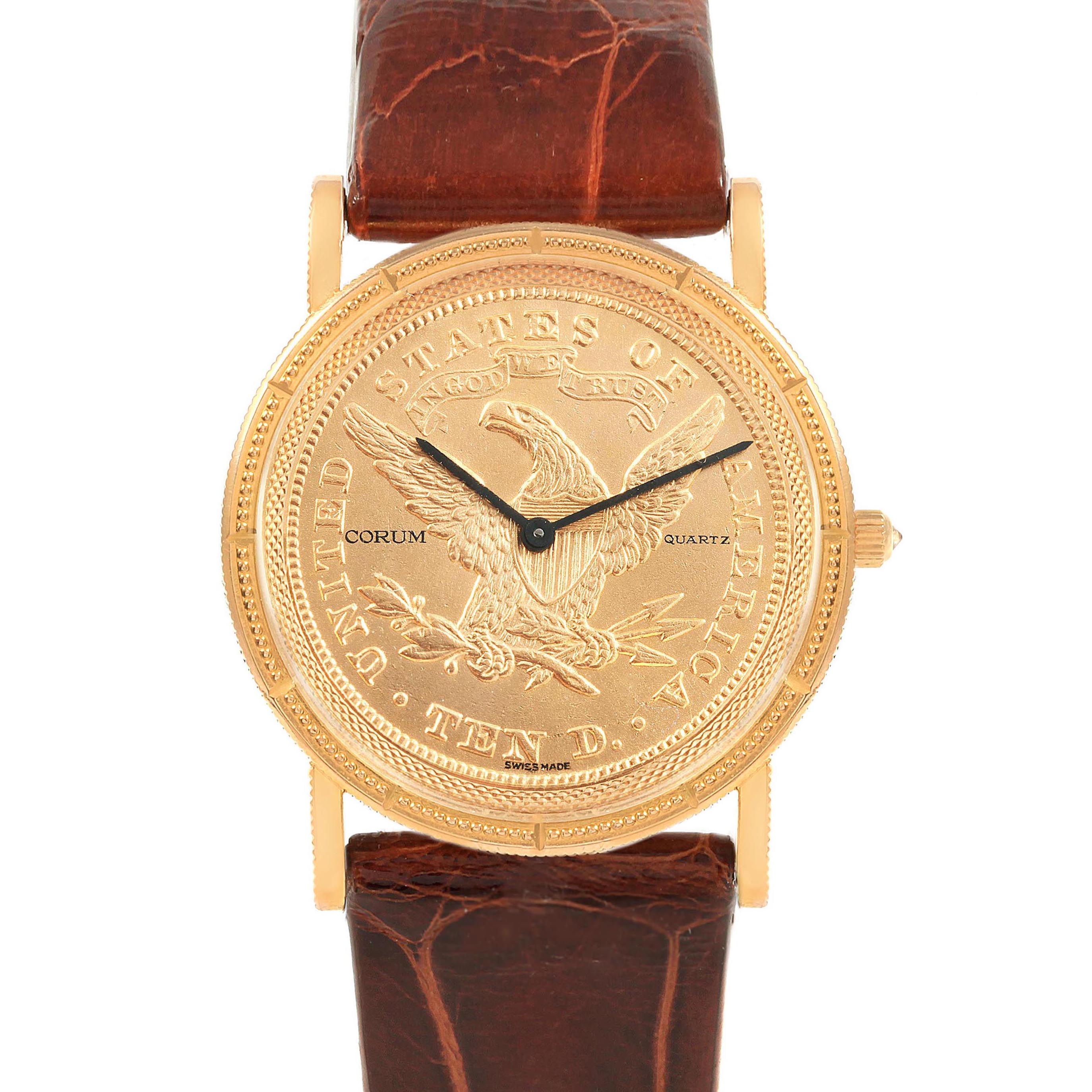 The image shows a frontal view of the Corum Women's Yellow Gold Black Dial Women's Yellow Gold Black Dial Yellow Gold 10 Dollars Coin Diamond Ladies Watch Year 1882, highlighting the dial and strap.