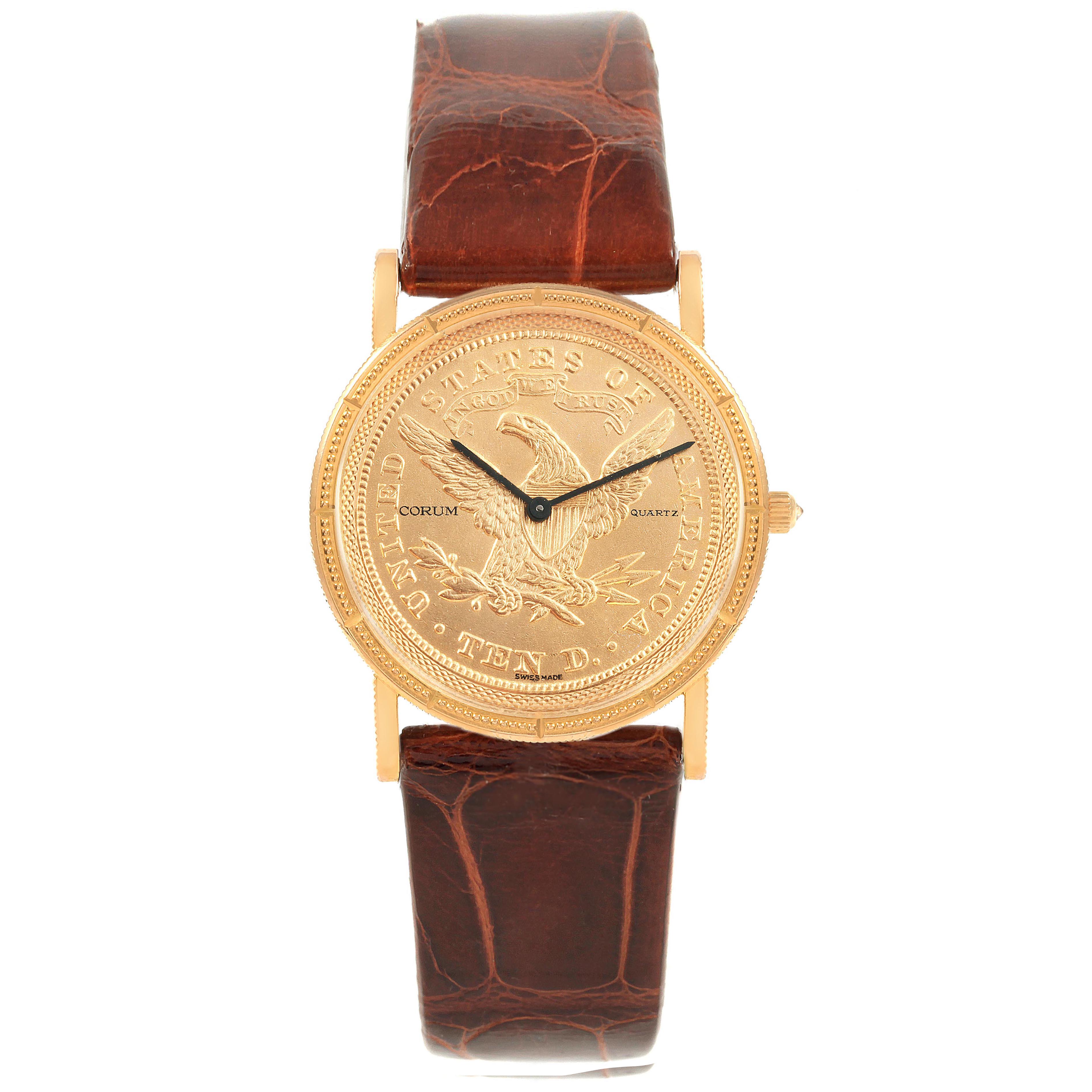 This Yellow Gold 10 Dollars Coin Diamond Ladies Watch Year 1882 by Corum Women's Yellow Gold Black Dial Women's Yellow Gold Black Dial is shown from a front angle, highlighting the coin face and leather strap.