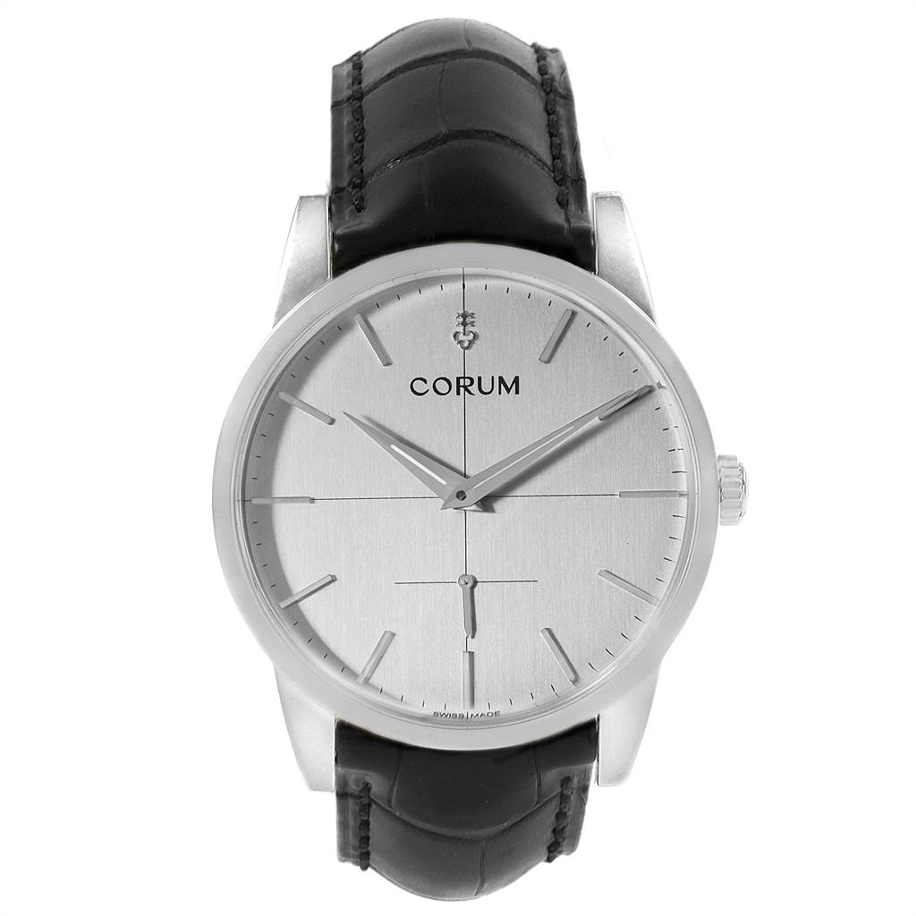 This is a front view of the Corum Heritage V157/02614 Men's Stainless Steel Silver Dial V157/02614 Men's Stainless Steel Silver Dial model watch, showing the dial, hands, case, and leather strap.