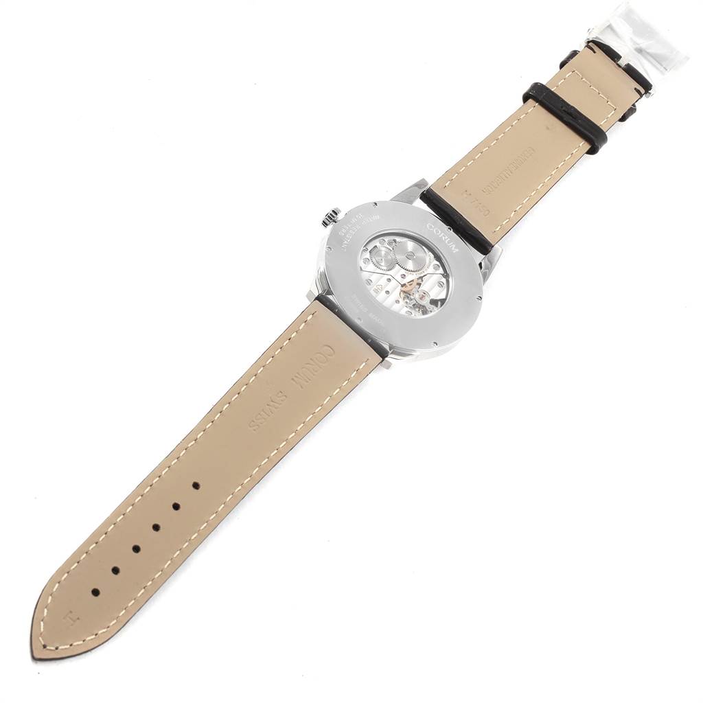 This image shows the back view of a Corum Heritage V157/02614 Men's Stainless Steel Silver Dial V157/02614 Men's Stainless Steel Silver Dial model watch, featuring its leather strap and exhibition case back.