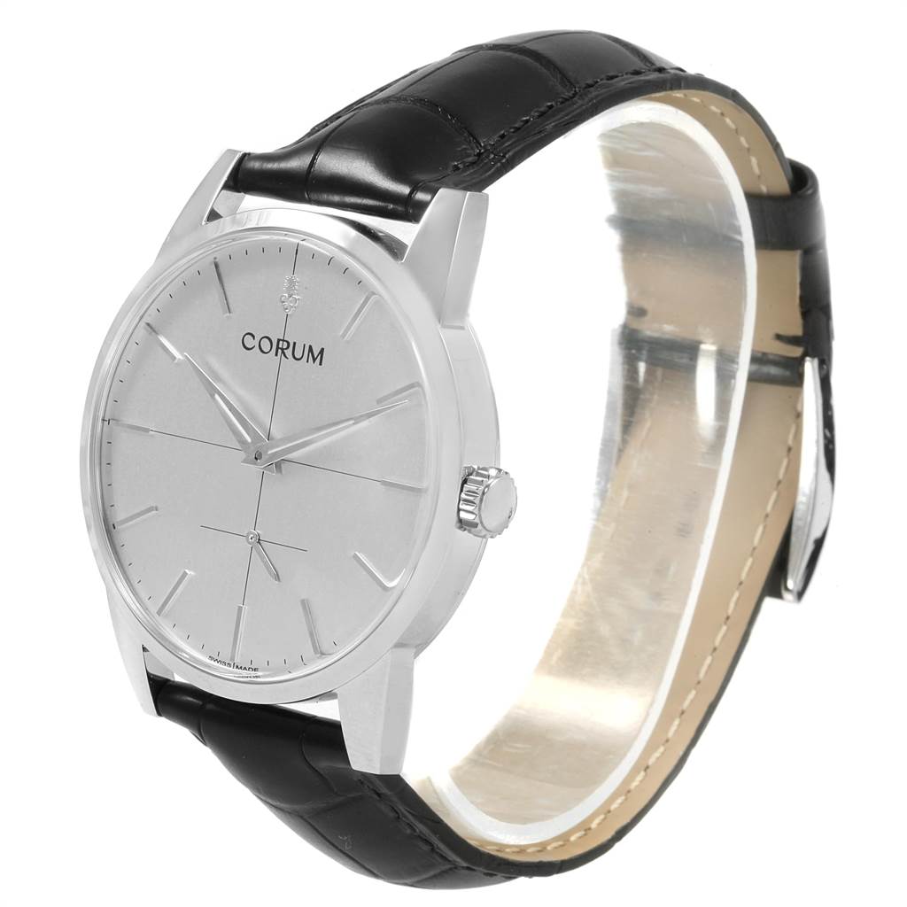 This Corum Heritage V157/02614 Men's Stainless Steel Silver Dial V157/02614 Men's Stainless Steel Silver Dial model watch is shown from a front-side angle, highlighting its silver dial, black leather strap, and case details.