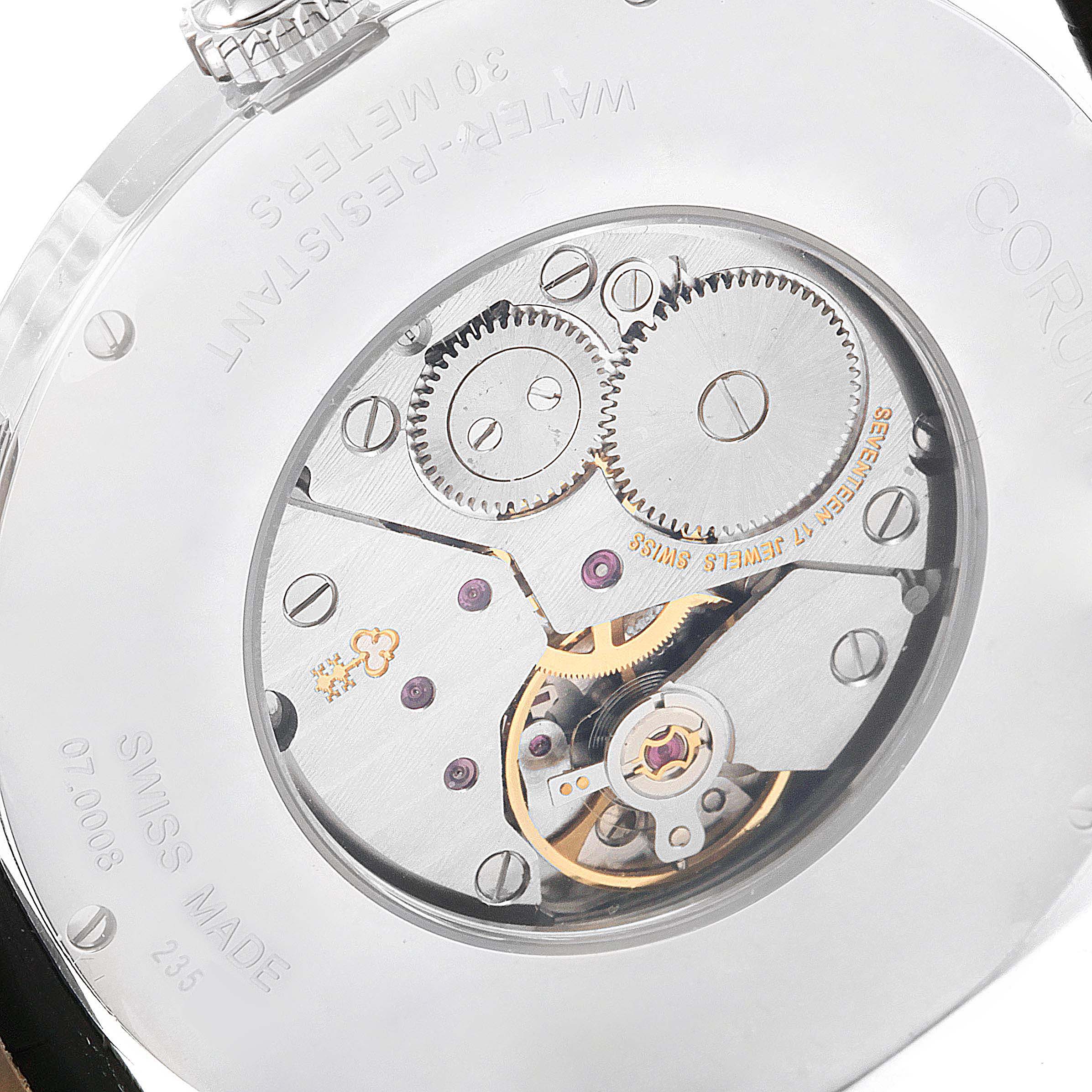 The image shows the back view of the Corum Heritage V157/02614 Men's Stainless Steel Silver Dial V157/02614 Men's Stainless Steel Silver Dial model watch, highlighting its inner mechanical movement.