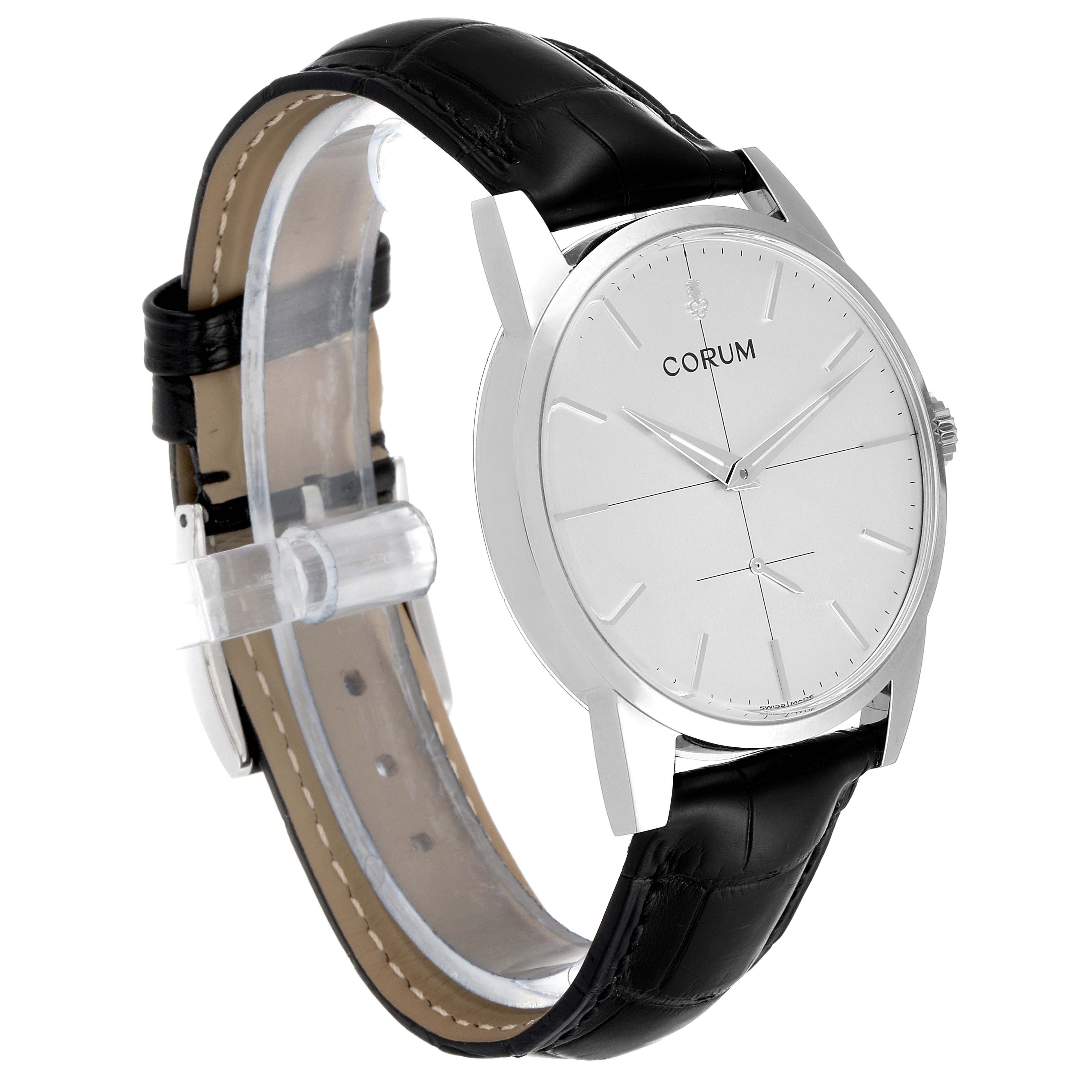 The Corum Heritage V157/02614 Men's Stainless Steel Silver Dial V157/02614 Men's Stainless Steel Silver Dial model watch is shown at a three-quarter angle, highlighting the dial, case, and black leather strap.