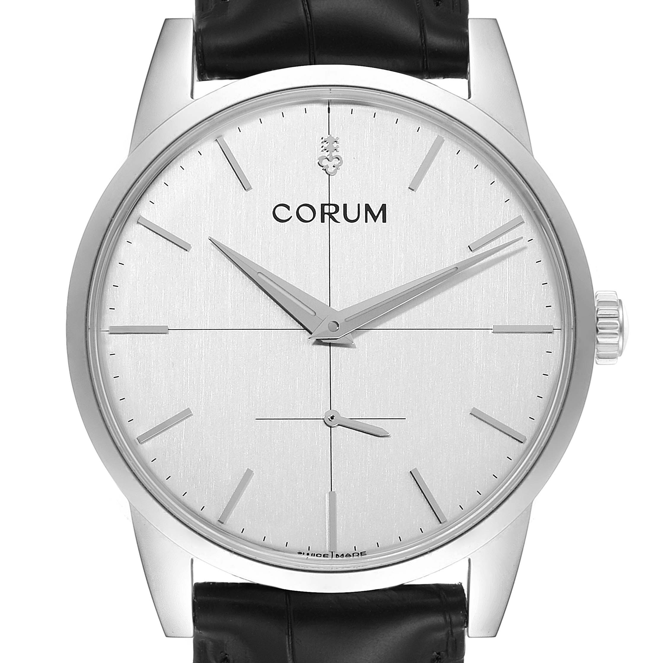 This image shows a front-facing view of the Corum Heritage V157/02614 Men's Stainless Steel Silver Dial V157/02614 Men's Stainless Steel Silver Dial model watch, highlighting its dial, hands, case, and part of the leather strap.