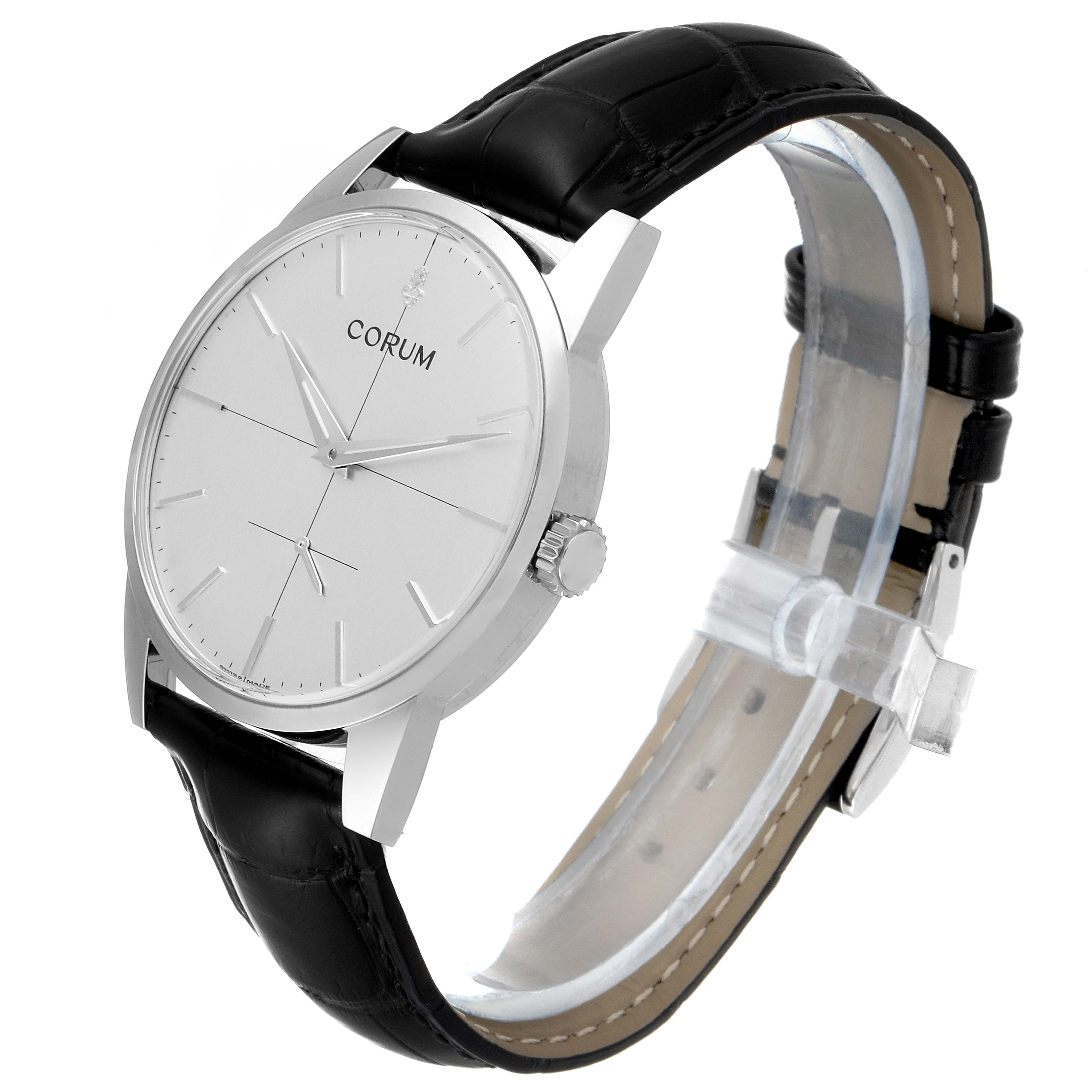 The Corum Heritage V157/02614 Men's Stainless Steel Silver Dial V157/02614 Men's Stainless Steel Silver Dial model watch is shown at a three-quarter angle, displaying its dial, crown, and leather strap.