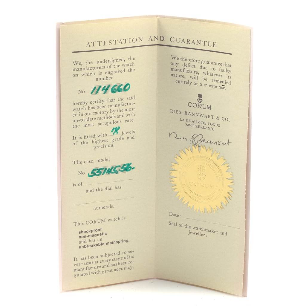 The image shows an attestation and guarantee certificate for a Corum Coin Watch Men's Yellow Gold Black Dial Men's Yellow Gold Black Dial, displayed at an open angle.