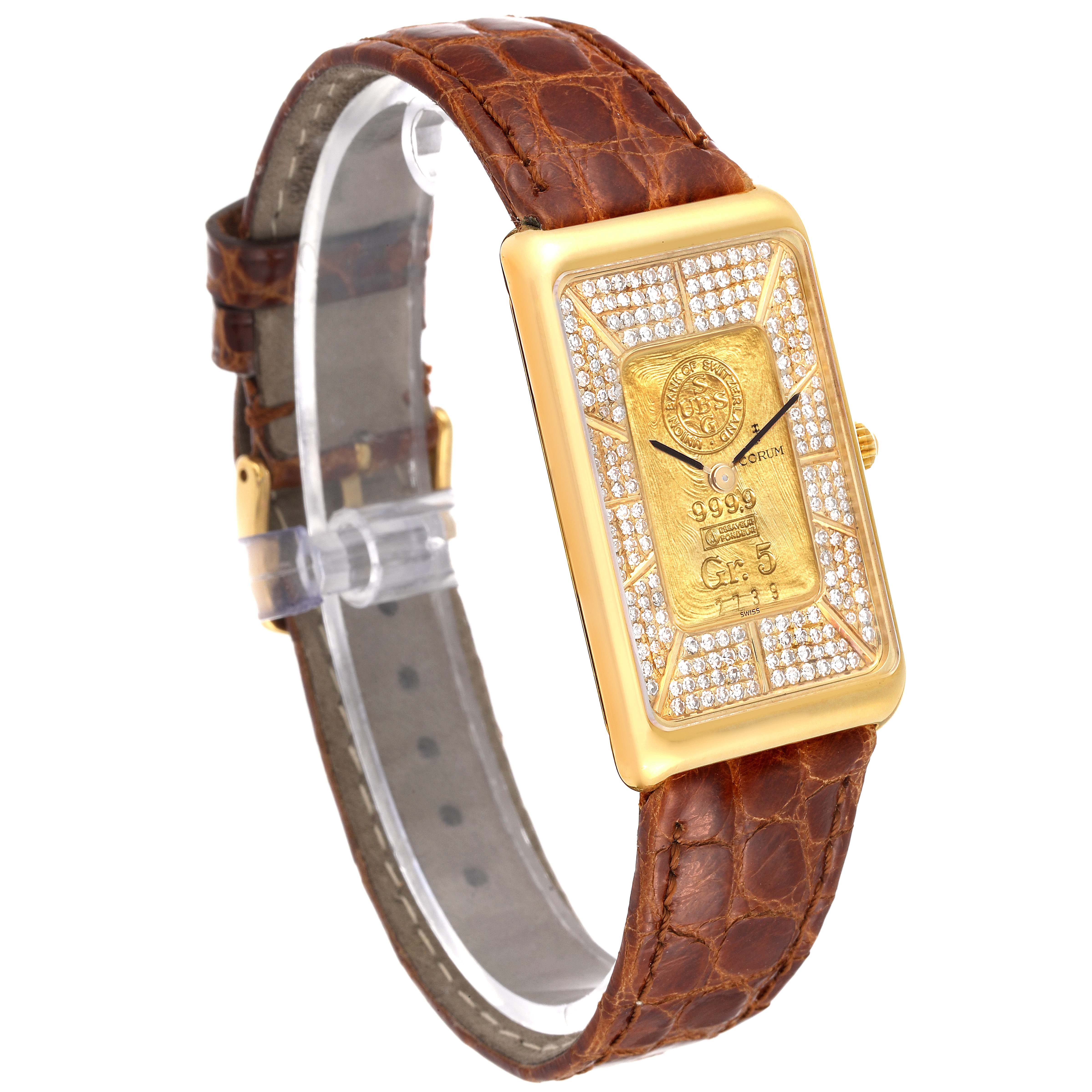 The Corum 55400 Women's Yellow Gold Champagne Dial 55400 Women's Yellow Gold Champagne Dial 55400 model watch is shown at a slight angle, highlighting its gold ingot face, diamond accents, and brown leather strap.