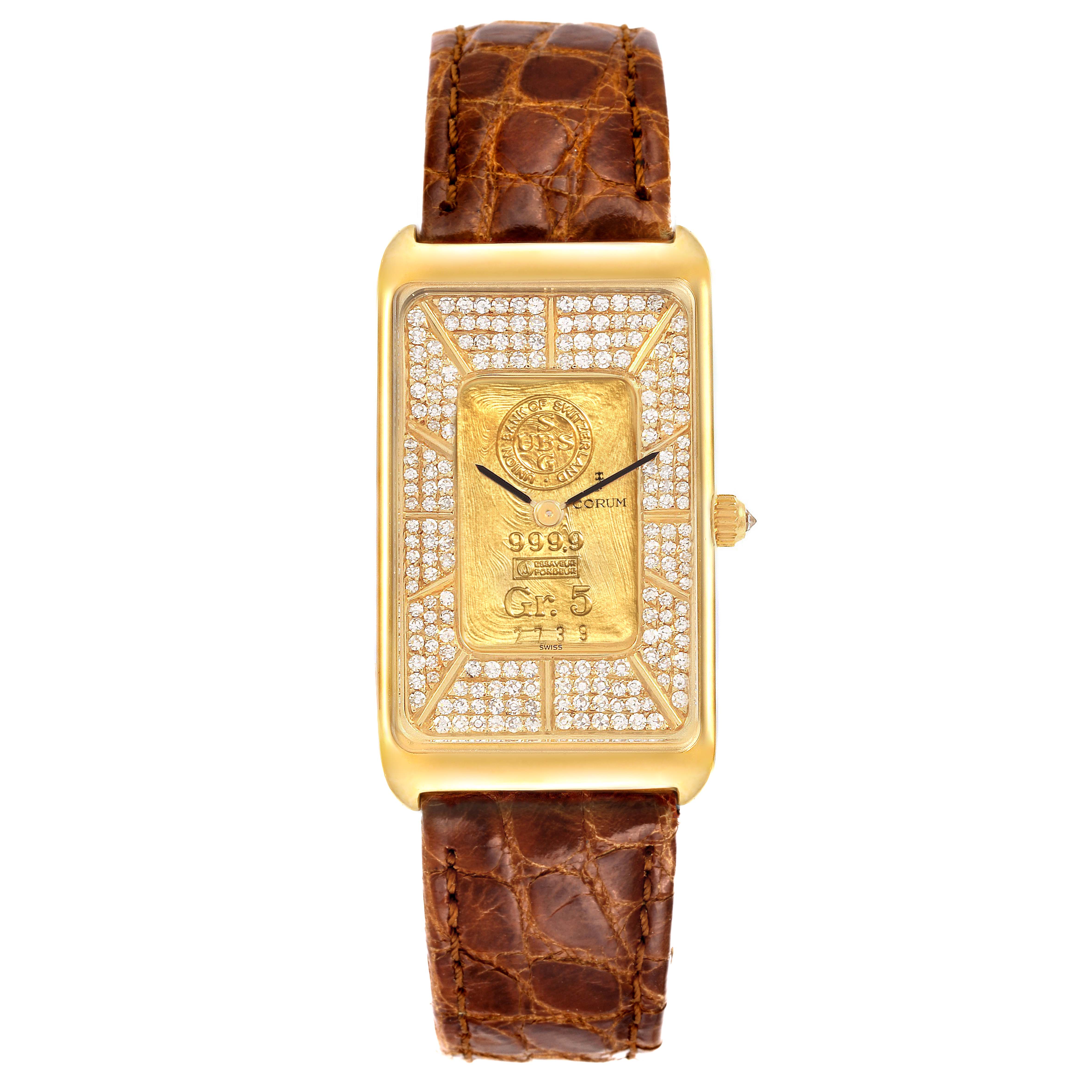 The image shows a top-down view of the Corum 55400 Women's Yellow Gold Champagne Dial 55400 Women's Yellow Gold Champagne Dial 5 Gram Ingot Yellow Gold Diamond Ladies Watch 55400 with a brown leather strap.