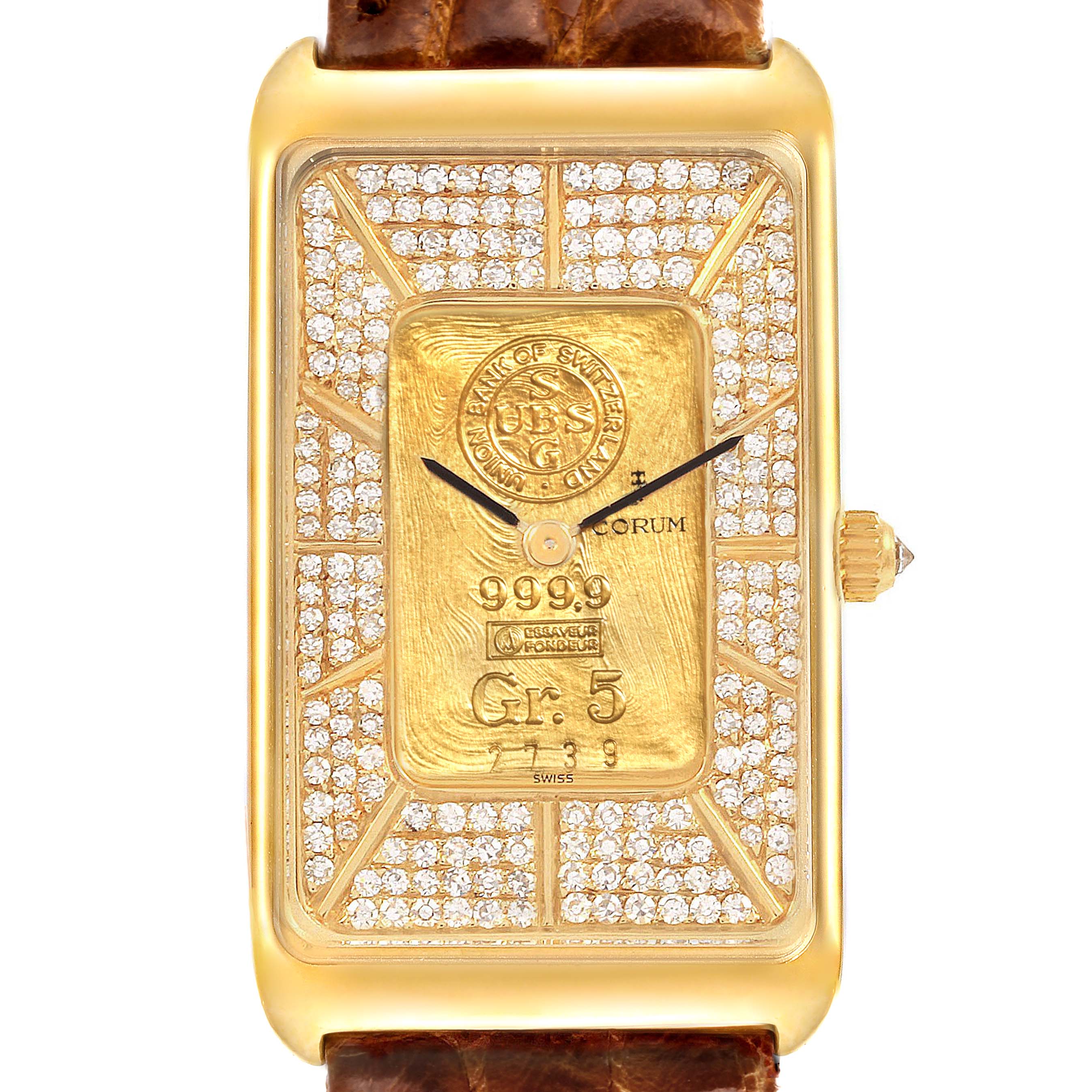 This image shows a frontal view of the Corum 55400 Women's Yellow Gold Champagne Dial 55400 Women's Yellow Gold Champagne Dial 5 Gram Ingot Yellow Gold Diamond Ladies Watch 55400 model, displaying the intricate dial and case.