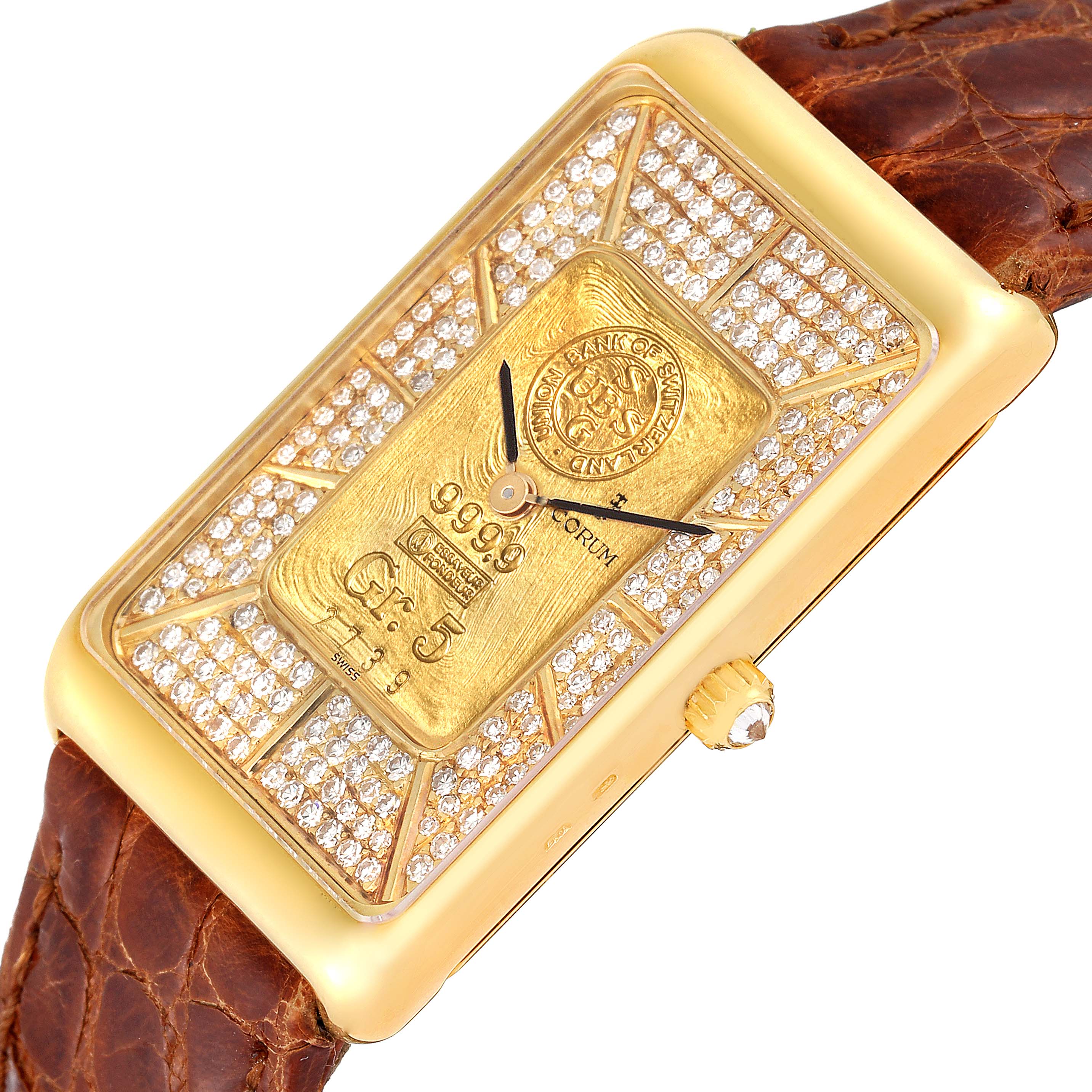 The Corum 55400 Women's Yellow Gold Champagne Dial 55400 Women's Yellow Gold Champagne Dial 55400 5 Gram Ingot Yellow Gold Diamond Ladies Watch is shown from an angled top view, highlighting the dial, crown, and strap.