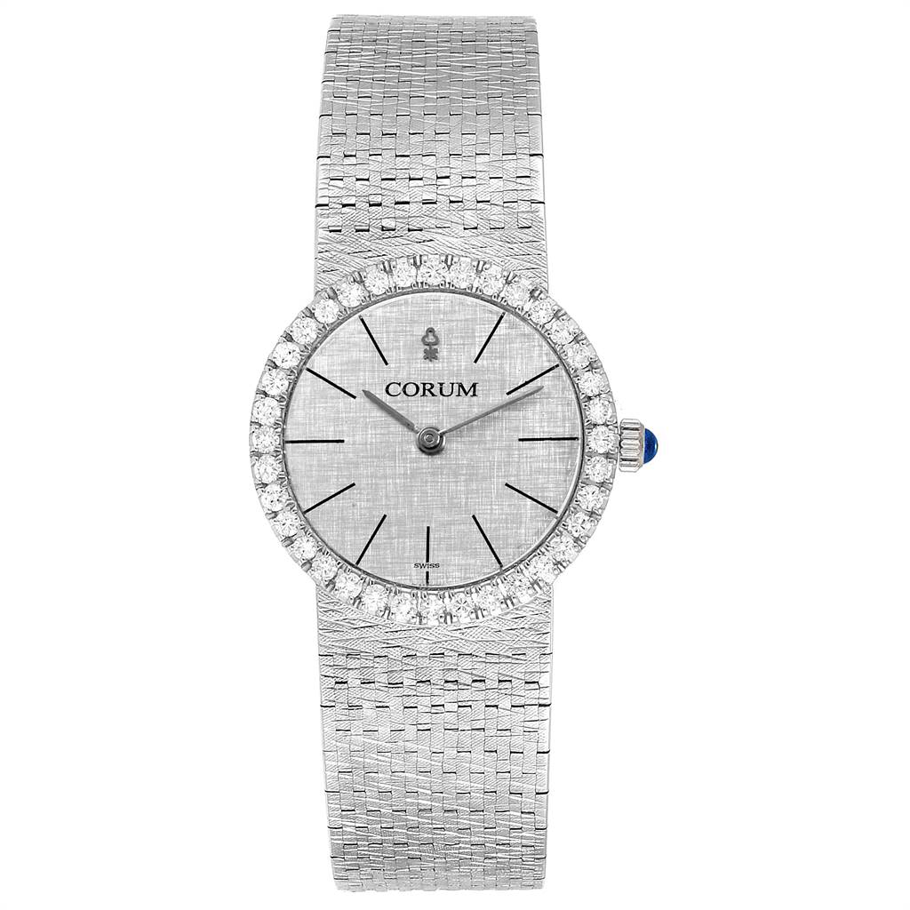 This image shows a front view of the Corum 80358 Women's White Gold Silver Dial 80358 Women's White Gold Silver Dial 18K White Gold Diamond Vintage Cocktail Ladies Watch, highlighting its dial and bracelet.