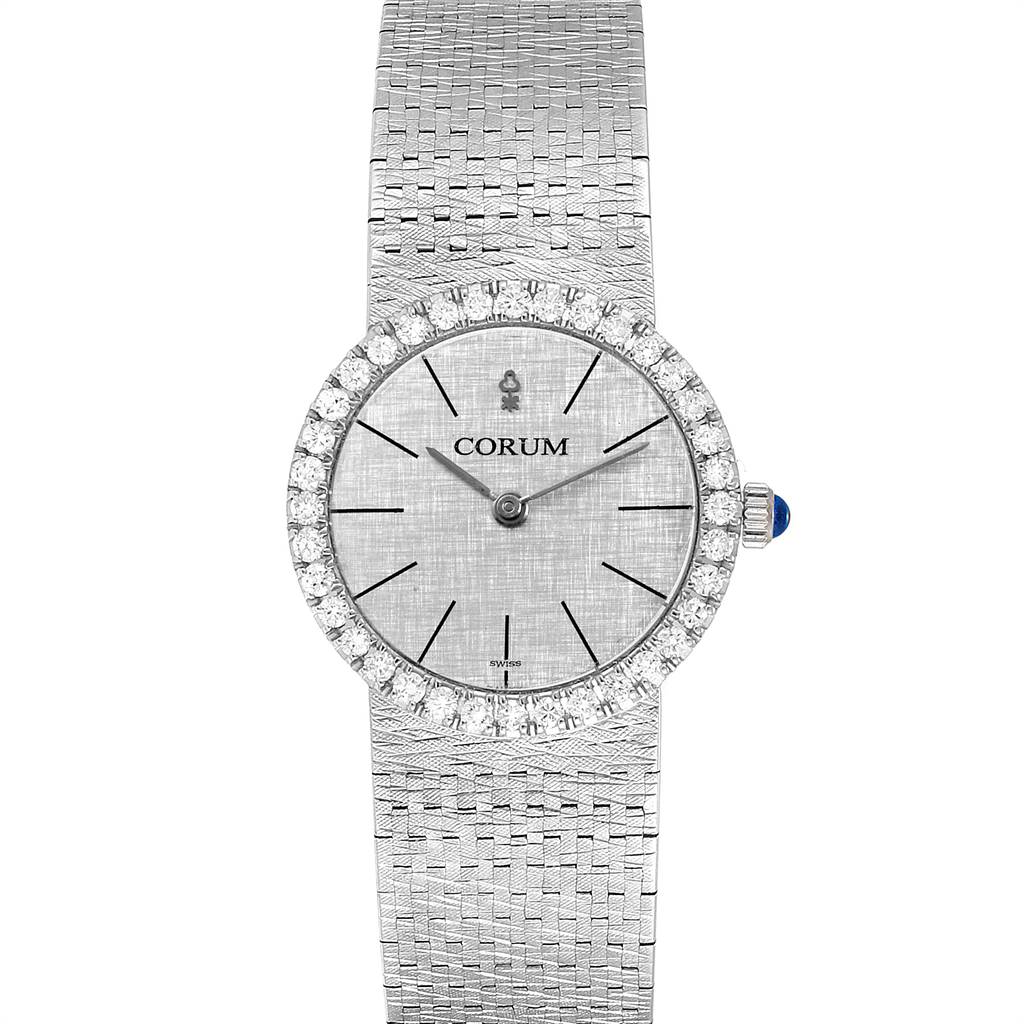 The image shows a front view of the Corum 80358 Women's White Gold Silver Dial 80358 Women's White Gold Silver Dial 18K White Gold Diamond Vintage Cocktail Ladies Watch, displaying its dial, bezel, and bracelet.