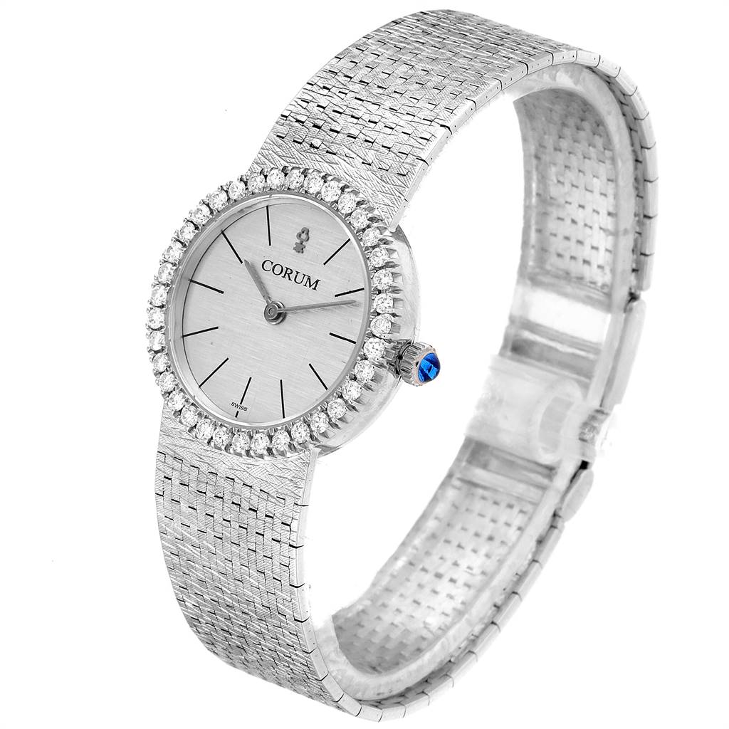 The image shows a Corum 80358 Women's White Gold Silver Dial 80358 Women's White Gold Silver Dial 18K White Gold Diamond Vintage Cocktail Ladies Watch angled to display the dial, bezel, and part of the bracelet.