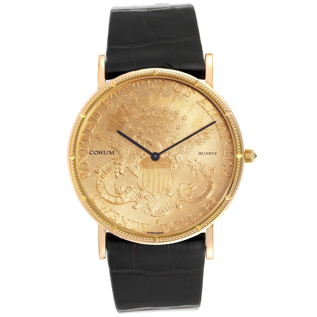 This image shows a frontal view of a Corum Coin Watch Men's Yellow Gold Black Dial Men's Yellow Gold Black Dial model with a black strap and a gold coin dial.
