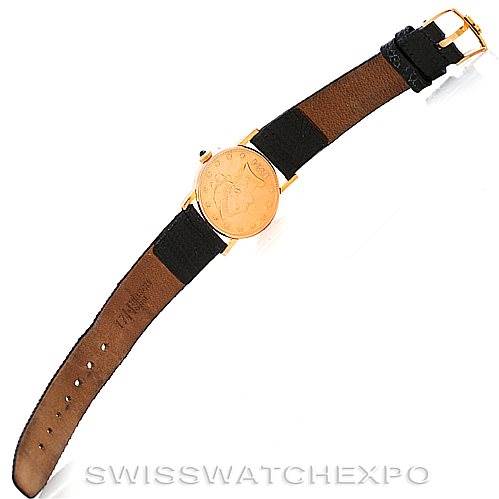 The image shows a full view of the Corum Women's Yellow Gold Black Dial Women's Yellow Gold Black Dial Vintage Ladies 18K Yellow Gold 10 Dollars Coin Watch, including the strap and buckle.